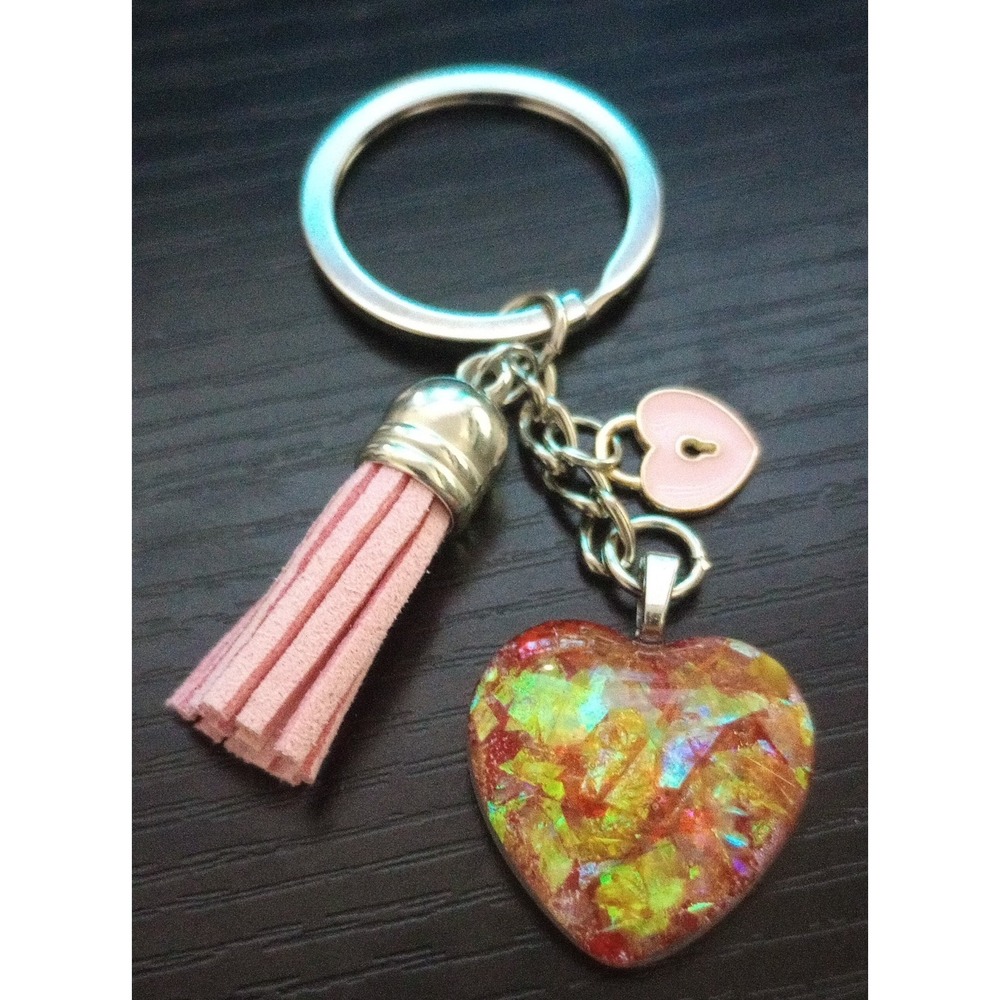 Dichroic‎ Film Heart Tassel Keychain with Pink Lock Charm